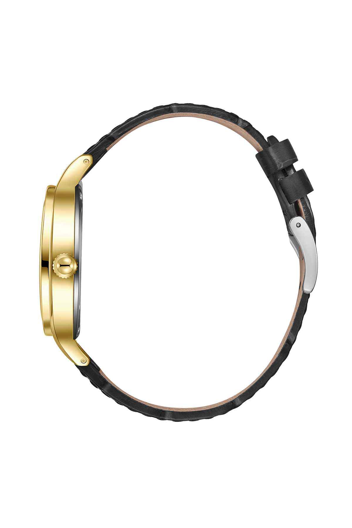 Gold-tone watch case with black leather strap, side crown and button detail