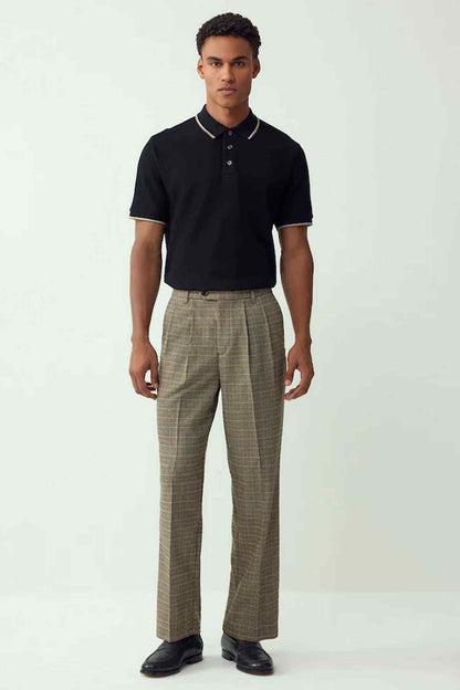 Black short-sleeve polo shirt with contrast collar trim and three-button placket