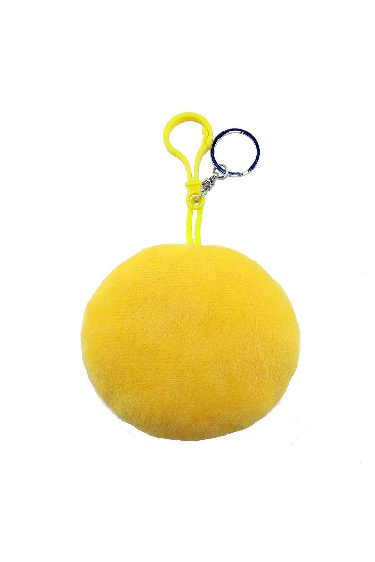 Yellow round plush keychain with yellow lanyard and metal keyring