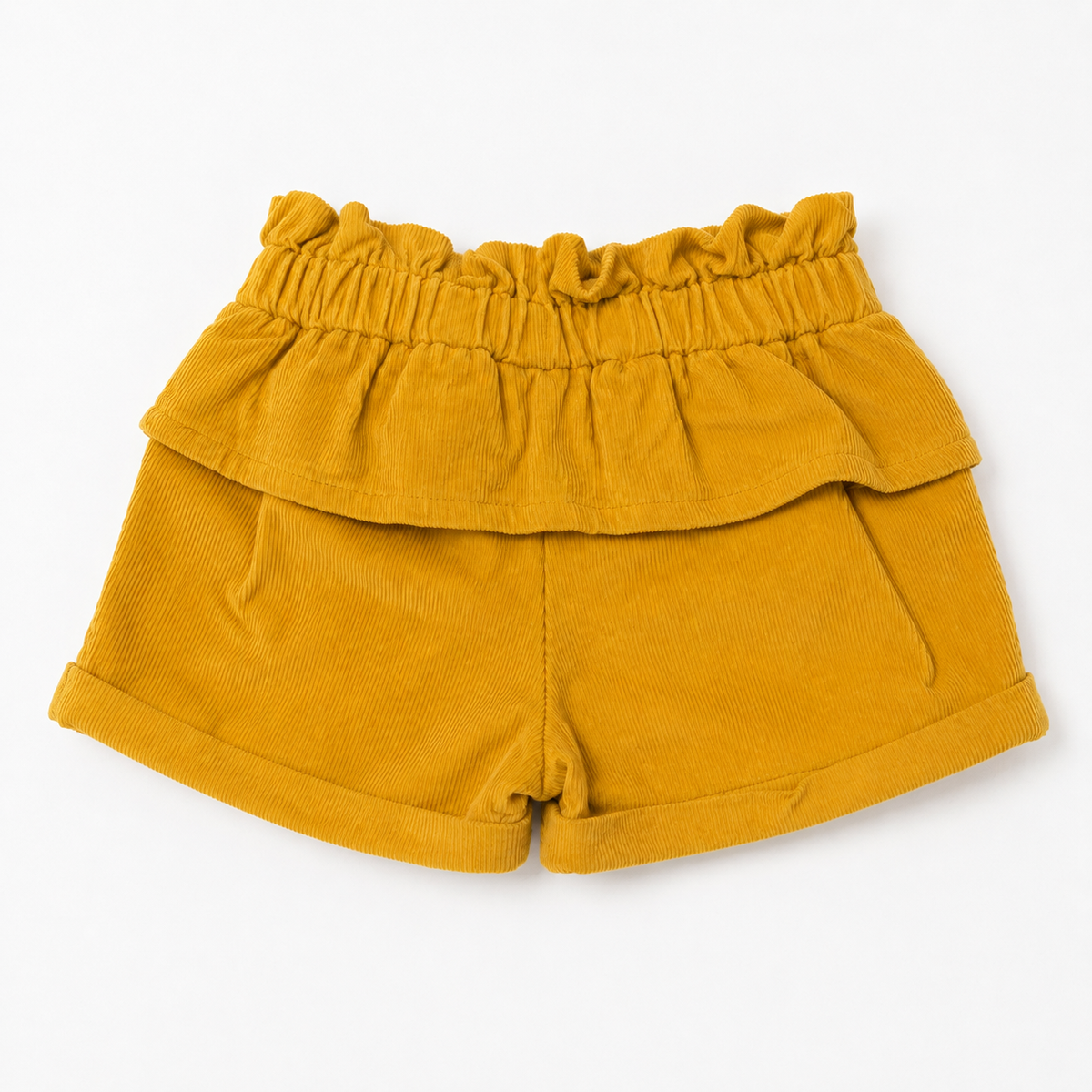 Yellow baby shorts with gathered elastic waist and layered ruffle skirt, bow front
