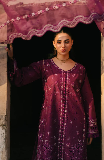 Purple embroidered dress with rounded neckline and decorative yoke, long sleeves