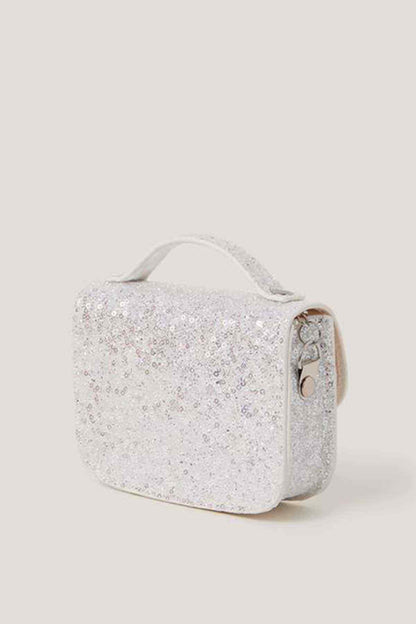 Accessorize silver sequin mini bag, top handle and side metal clasp