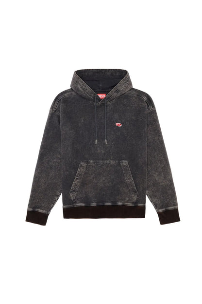 Dark grey Diesel hoodie flat lay front view with hood, drawstrings, and pocket
