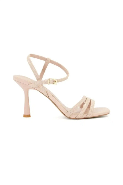 Dune London nude heeled sandal with crisscross straps and open-toe stiletto heel
