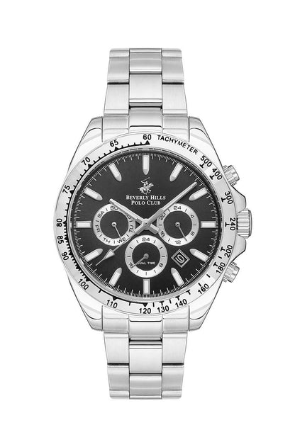 Silver chronograph watch with black dial, stainless steel bracelet and tachymeter bezel