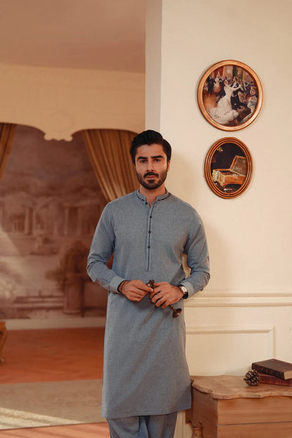 Men's blue-gray yarn-dyed kurta, full front view with center button placket