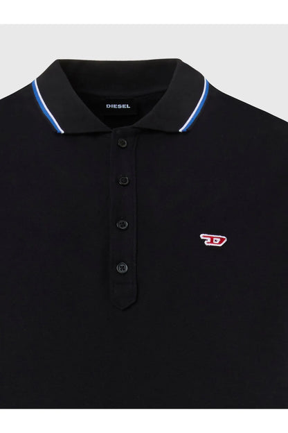 Diesel black polo shirt close-up with blue striped collar, button placket, chest logo