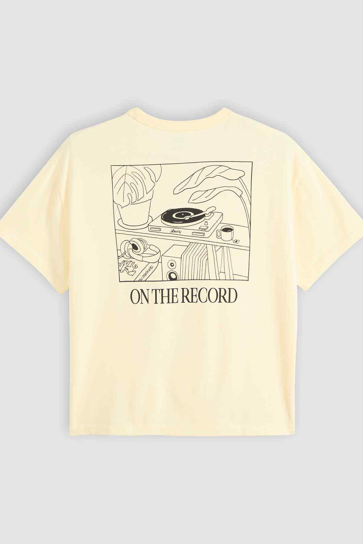 Light yellow crewneck T-shirt with 'ON THE RECORD' back graphic