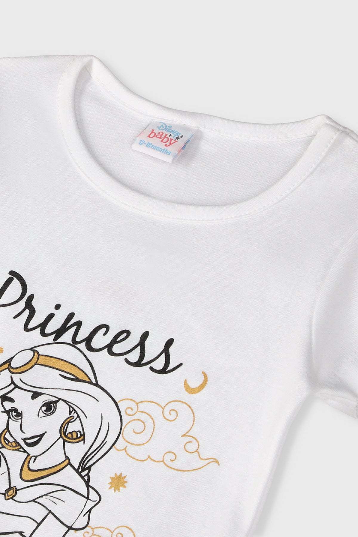 White t-shirt with Princess Jasmine graphic and sparkles, short sleeves