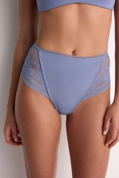 Light blue ribbed hipster briefs with lace side panels