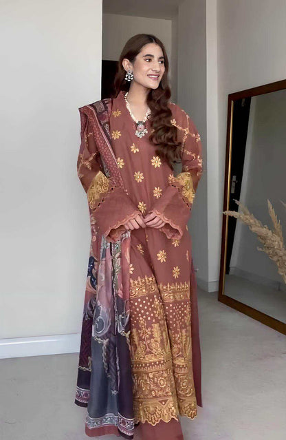 Maroon stitched long dress with gold floral motifs and matching dupatta