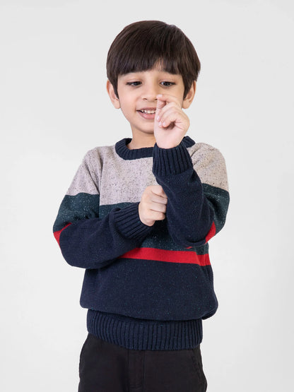 Kids cotton knit sweater with navy, speckled beige, and red stripe; ribbed cuffs