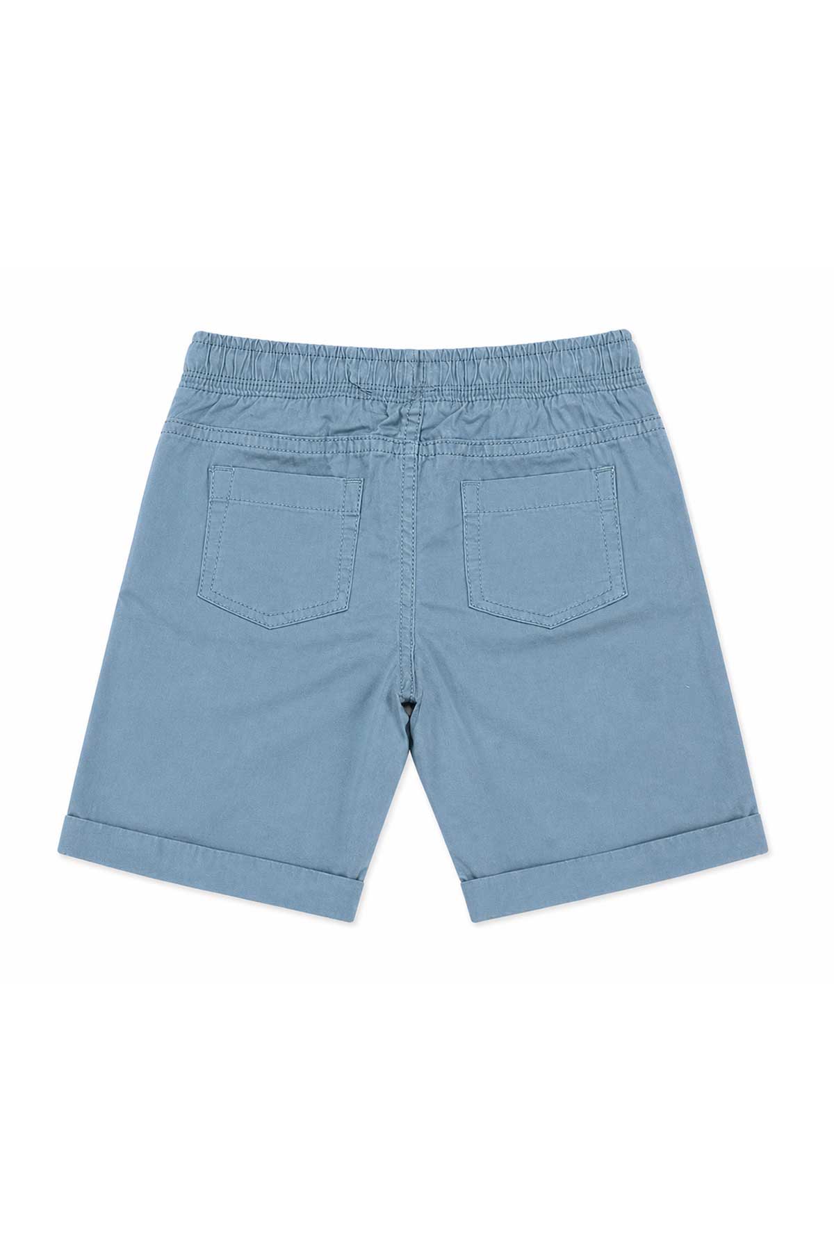 Light blue denim shorts back view with two patch pockets
