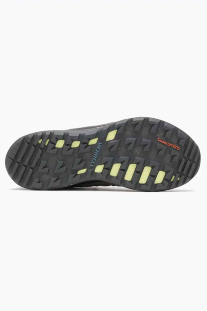 Merrell trail shoe outsole with deep tread and lime accents