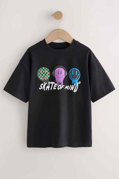 NEXT black graphic T-shirt, 'SKATE OF MIND' headphones smiley front