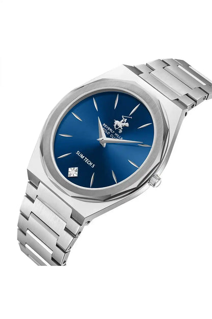 BHPC silver wristwatch, blue face with logo and slim hands, metal link bracelet