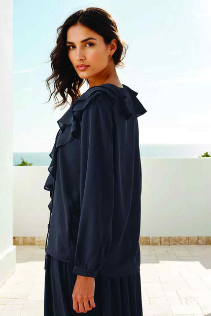 Splash black long-sleeve midi dress with shoulder ruffles and buttoned cuffs