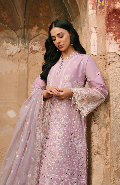 Lavender embroidered long dress with buttoned neckline and sheer dupatta