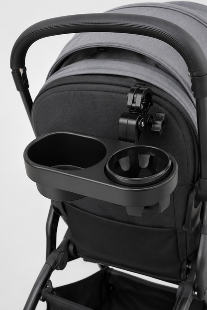 Black stroller front snack tray with cup holder insert