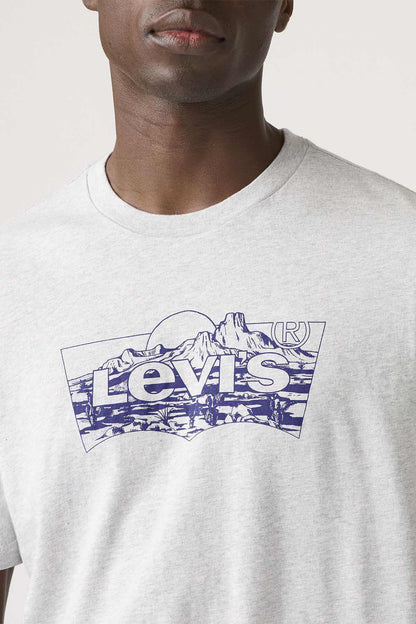 Light gray crewneck T-shirt with large blue logo across chest