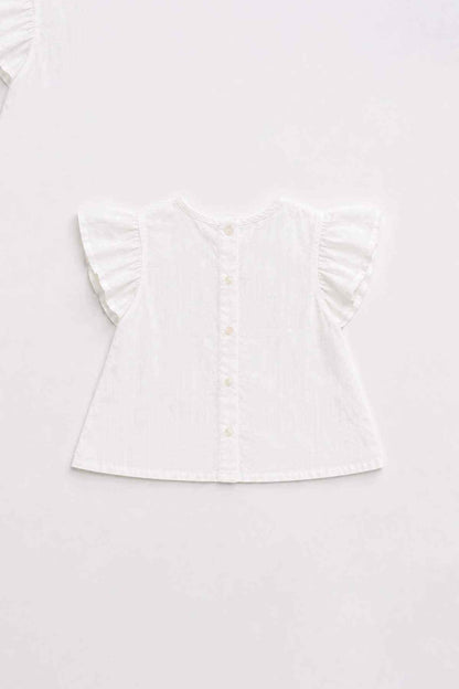 Cream baby girls' top with short ruffled sleeves and center button placket