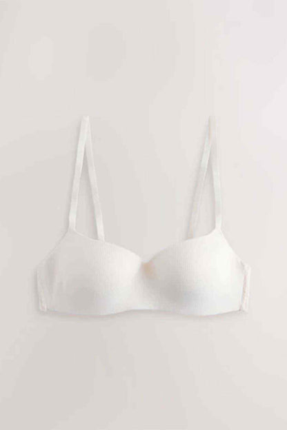 Two-pack women's bras: white/cream ribbed balconette bra with adjustable straps