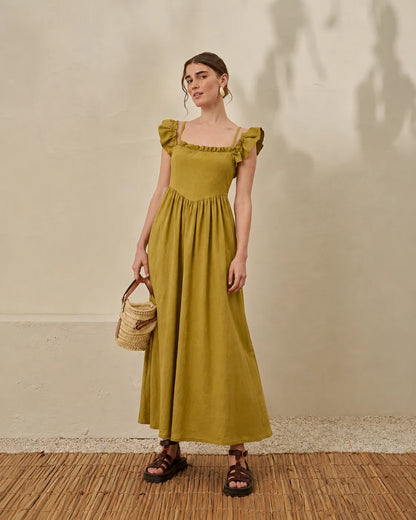 Mustard midi dress with square neckline, ruffled shoulders, gathered tiered skirt