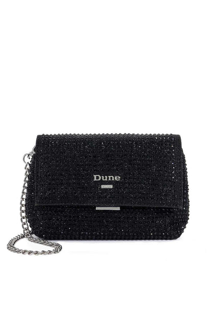 Dune London black glitter clutch bag with chain strap and front flap closure