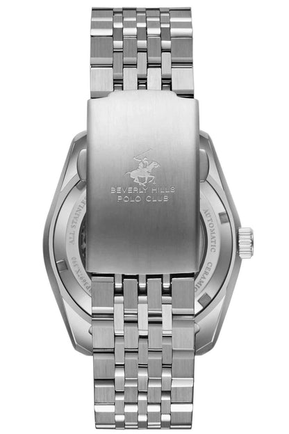 Silver wristwatch with mesh-link bracelet and engraved case back