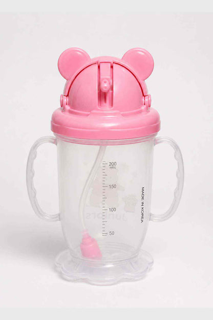 Pink bear-eared toddler sippy cup with handles, flip spout and measurement marks