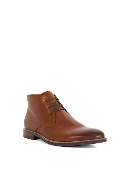 Tan brown leather lace-up ankle boots with low stacked heel