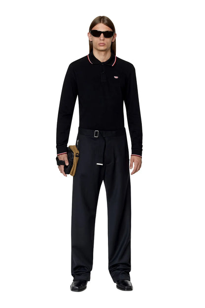 Black long-sleeve polo shirt on model with red-trim collar and chest logo