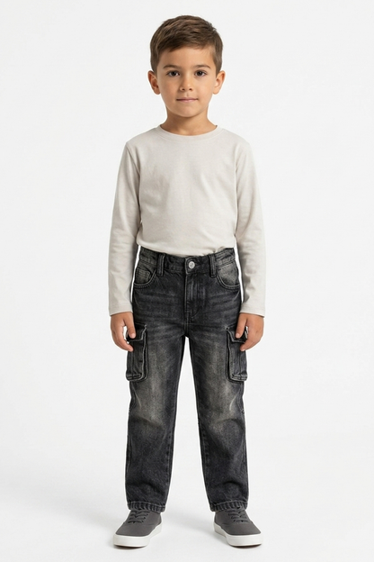 Black washed denim cargo jeans with patch pockets and button waist