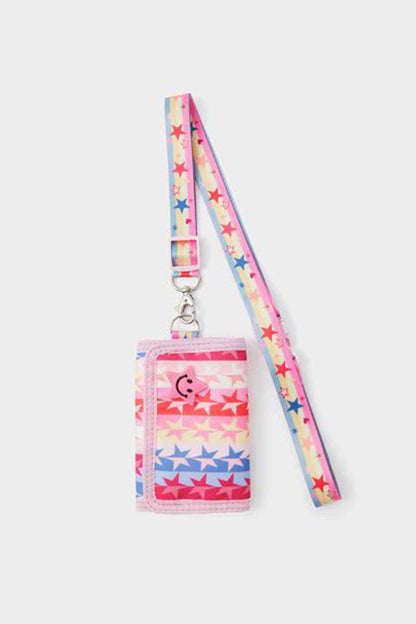 Star-print mini wallet with keyring strap, bright pink and multi stars