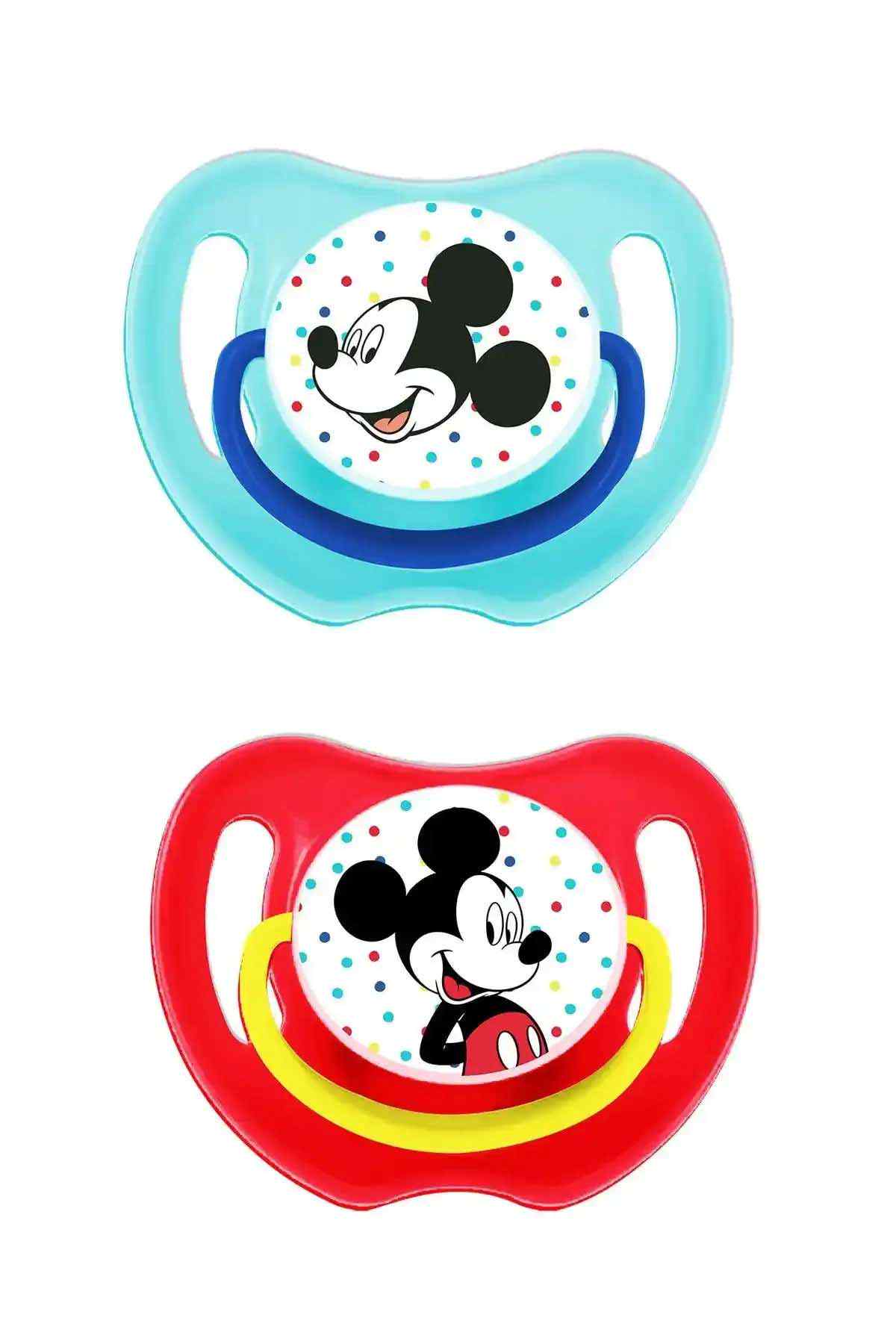 Blue and red pacifiers with Mickey face graphic and rounded shield shape