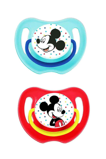 Blue and red pacifiers with Mickey face graphic and rounded shield shape