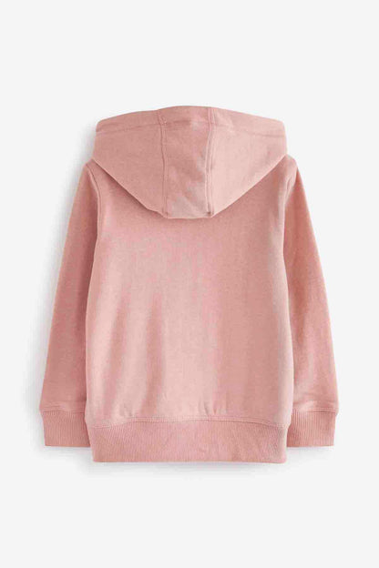 Pink kids zip-up hoodie with hood, full front zipper, and kangaroo pockets