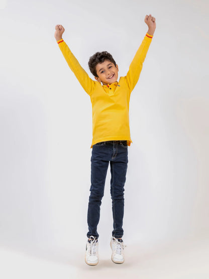 Yellow long-sleeve kids polo shirt with striped collar