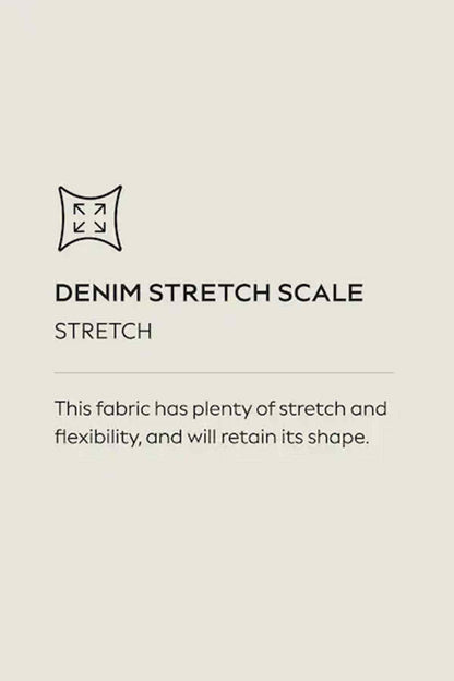 Denim stretch scale fabric card reading 'STRETCH' and describing flexibility