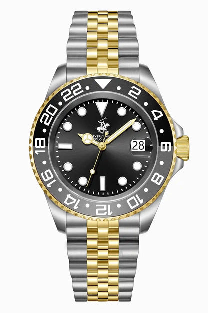 Two-tone wristwatch with black dial, gold markers, and date window at 28