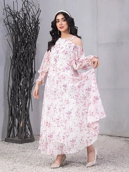 Pink floral off-shoulder midi dress with long sleeves and slightly flared skirt