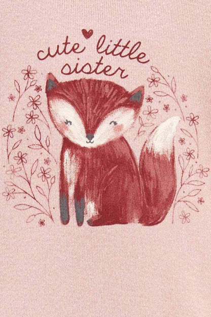Pink knit fabric with cute little sister text and red fox graphic