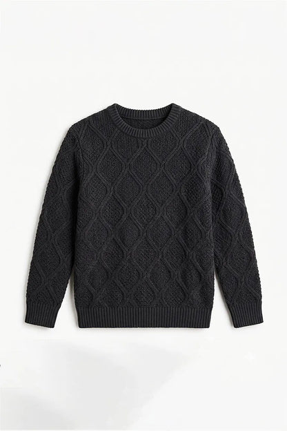 Black cable-knit crewneck sweater, long sleeves, flat lay