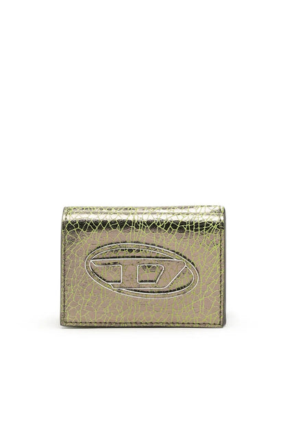 Diesel gold crocodile-textured leather wallet with oval logo front