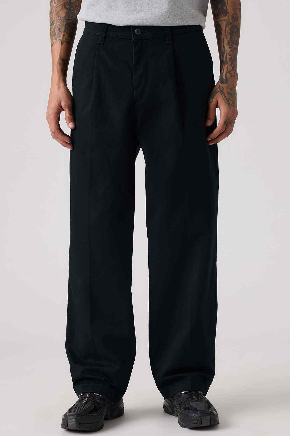 Levi's black wide-leg pants with button waistband, front close-up
