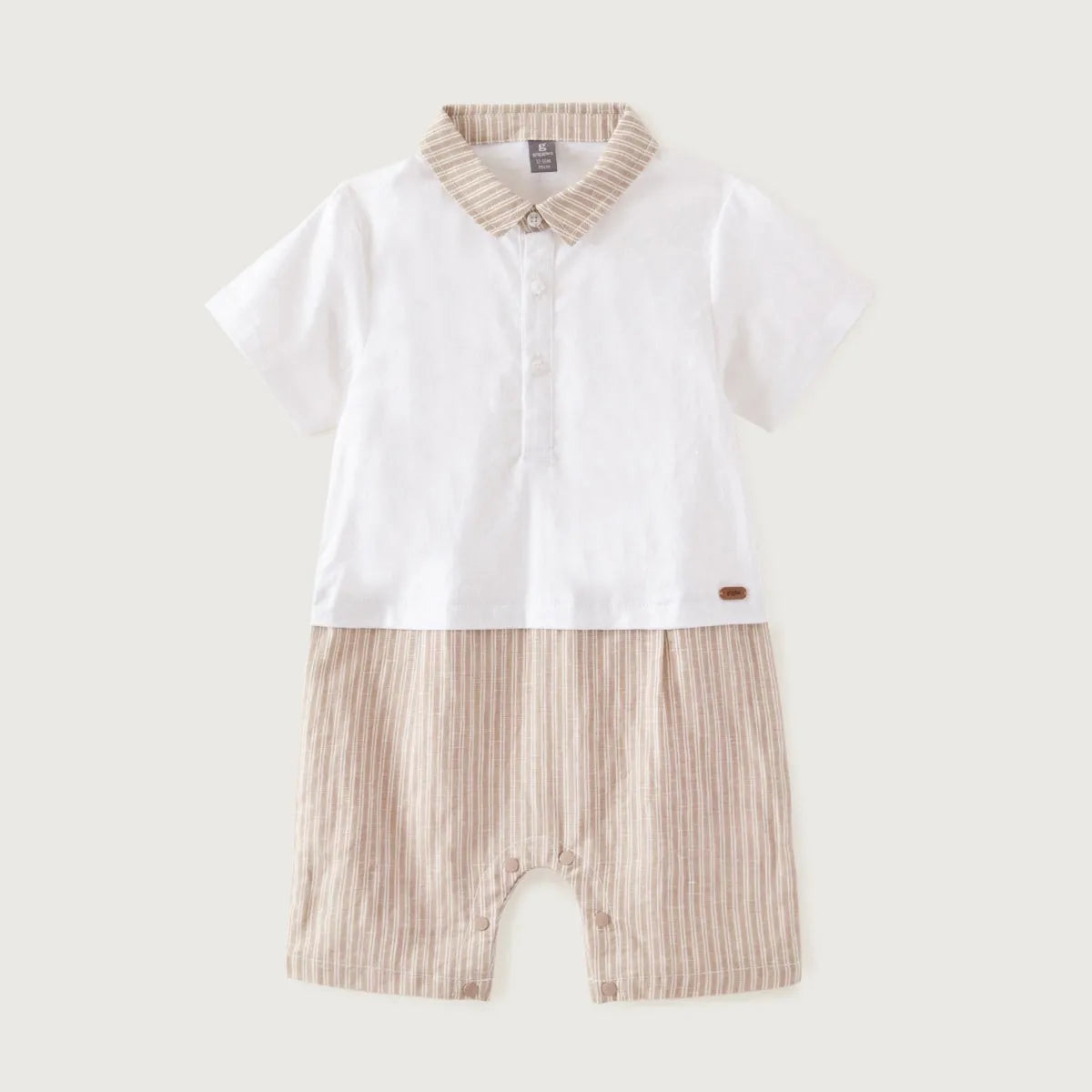 White baby shirt with striped collar and beige striped shorts, snap button closure