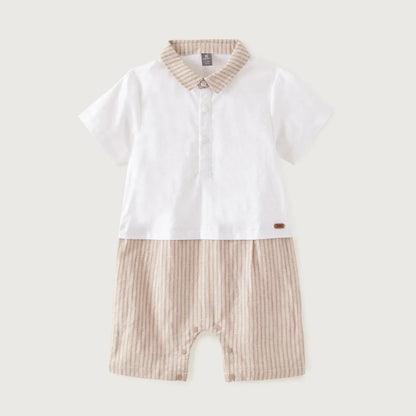 White baby shirt with striped collar and beige striped shorts, snap button closure