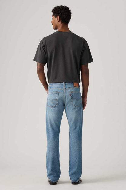Levi's light blue denim jeans, back view, straight legs, five-pocket design