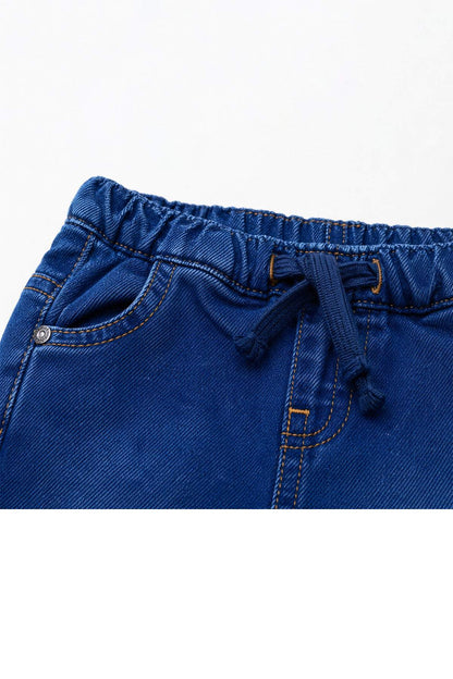 Blue denim waistband with drawstring and stitched front pocket details