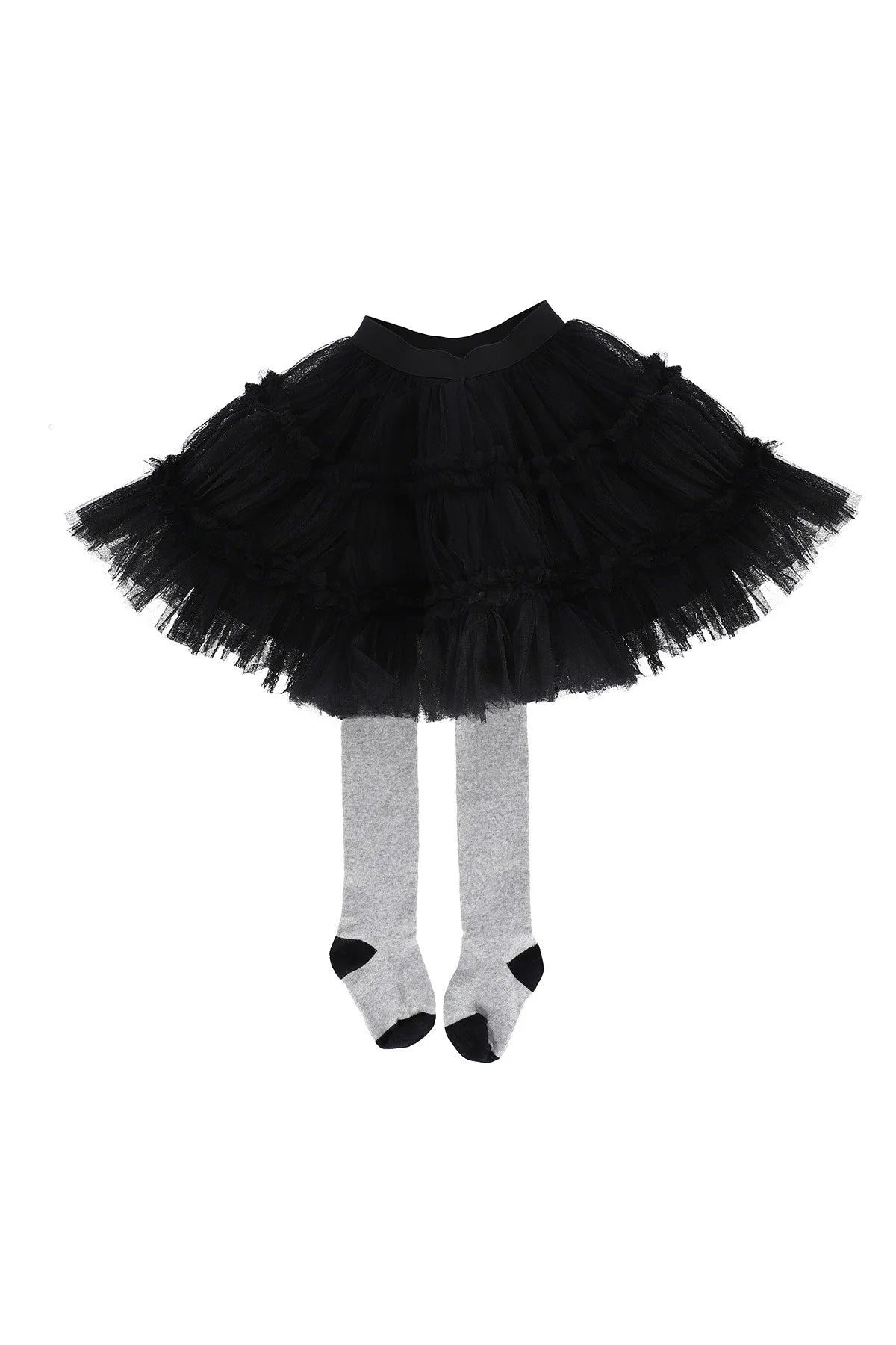Black tulle tutu skirt with grey footed leggings and black toe sections